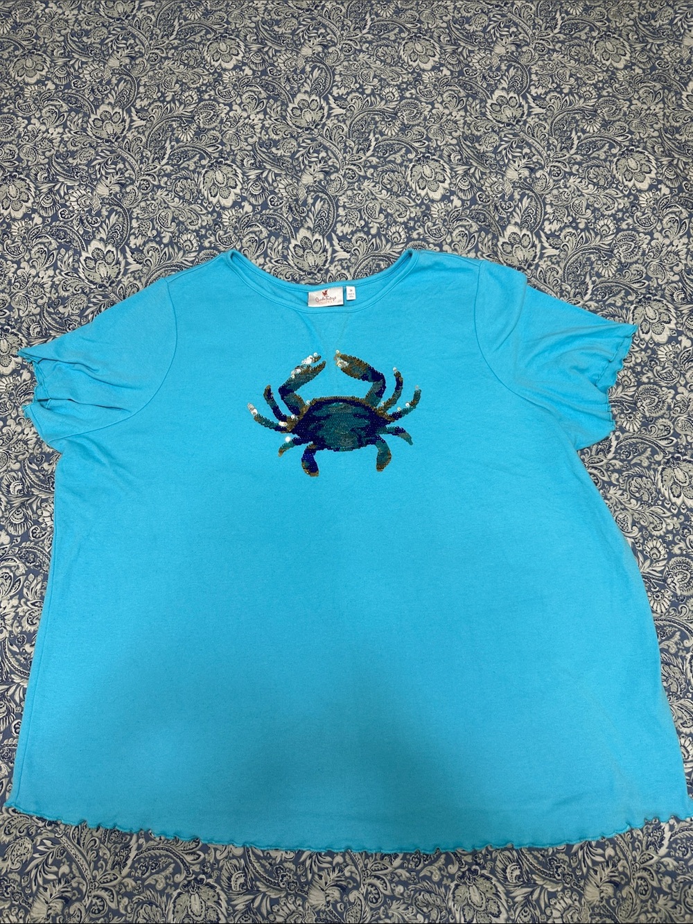 Quacker Factory Turquoise Blue Sequin Crab Short Sleeve Top